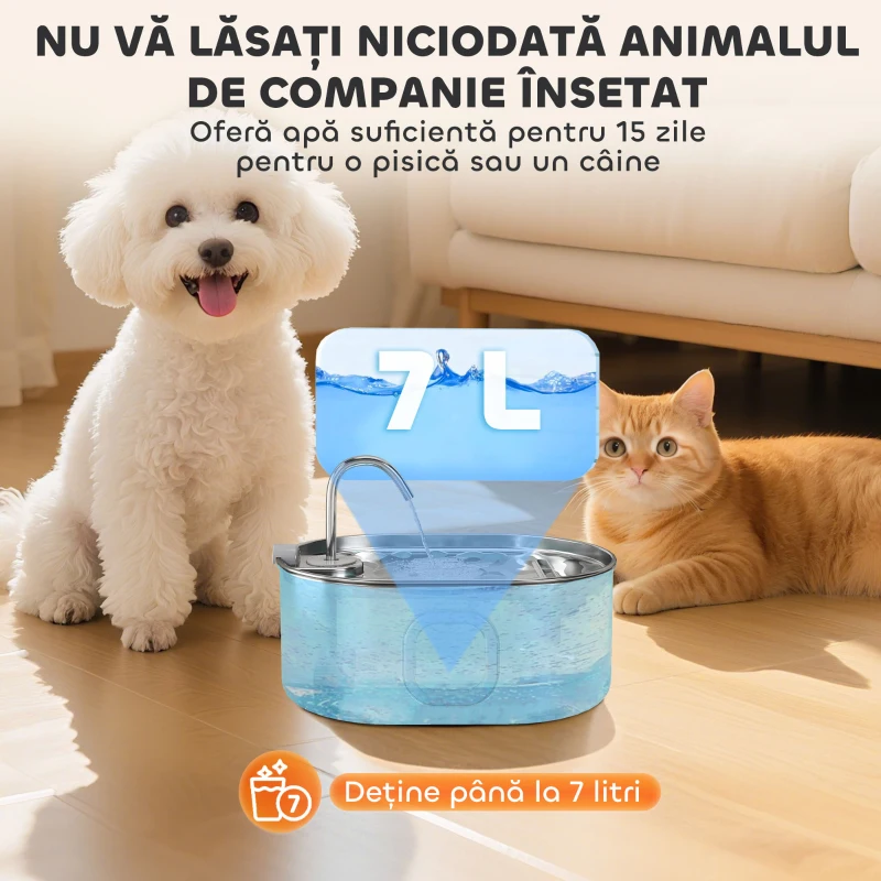 PawHut Fântână pentru Pisici 7L cu LED, 32x22.1x22.3 cm Argintiu