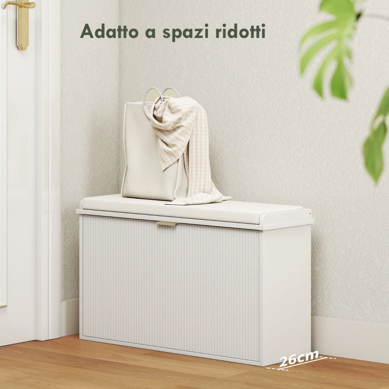 HOMCOM Panca Scarpiera con Ripiano Interno, in Legno e Tessuto Effetto Lino, 80x26x47.5 cm, Bianca e Beige