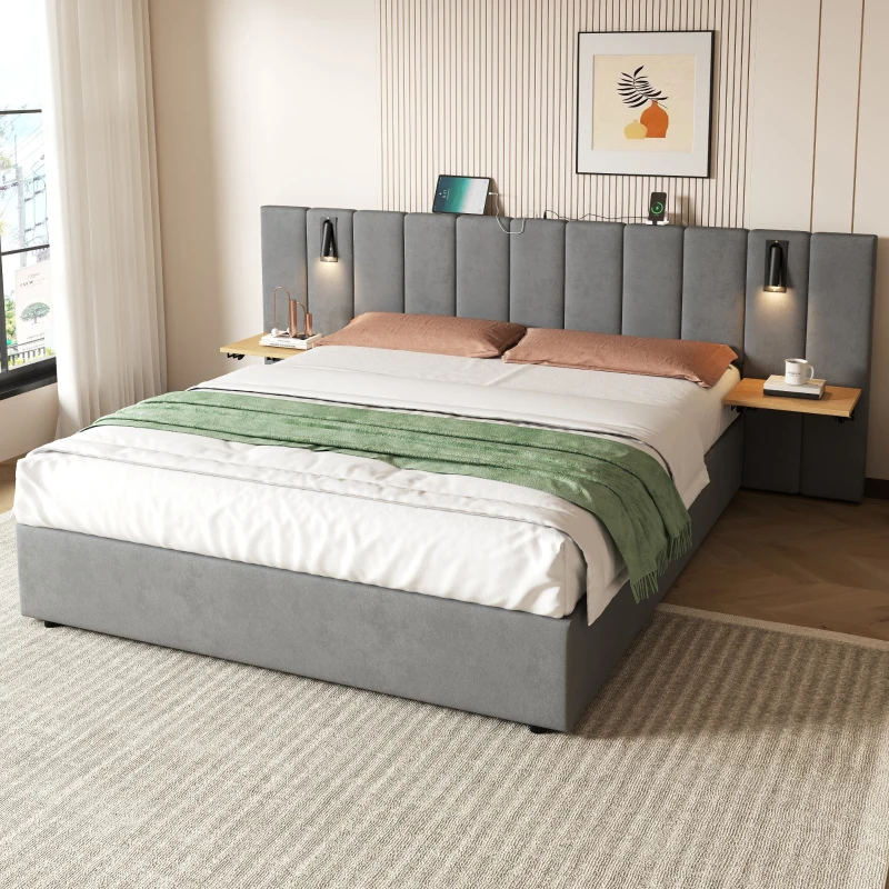 King Upholstered Bed with Charging Station, Adjustable Bedside Shelf, Velvet Hydraulic Storage Bed with Reading Light, 237L x 207W x 109H cm, Grey