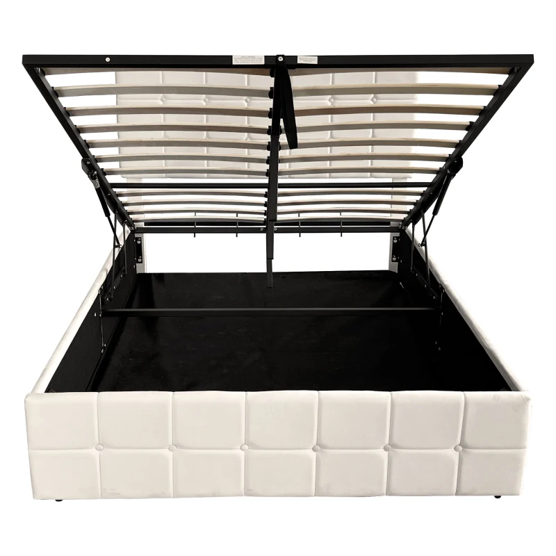 Velvet Double Bed with Hydraulic Storage, Adjustable Button Tufted Headboard, Upholstered Storage Bed Frame, 195L x 145W x 116H cm, Beige