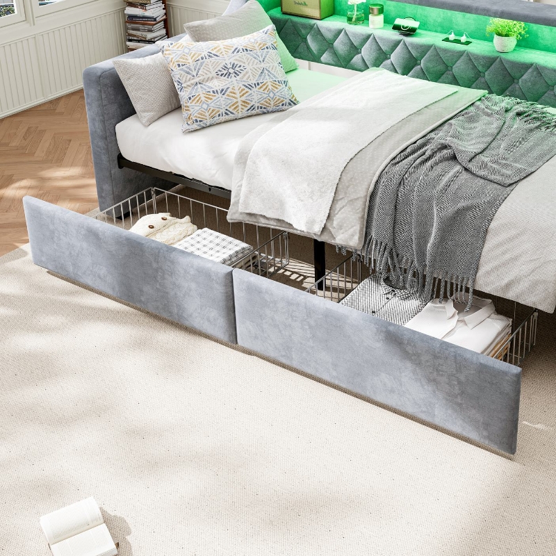 3FT Sofa Bed with 2 Drawers on Wheels, Light Strip, Charging Port, Upholstered Single Bed with Velvet Finish, 206L x 104W x 74H cm, Grey