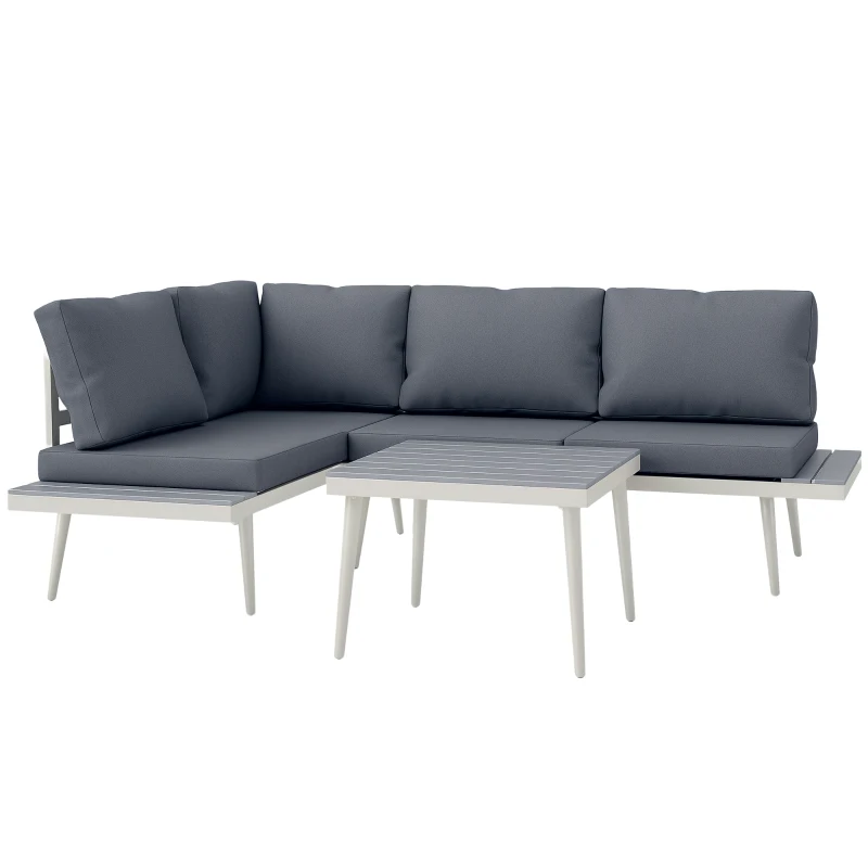 Outsunny Gartenmöbel Set 4 Personen wetterfest Balkonmöbel-Set mit 2er Sofa, Kissen Beistelltisch Stahl Grau(m-10)