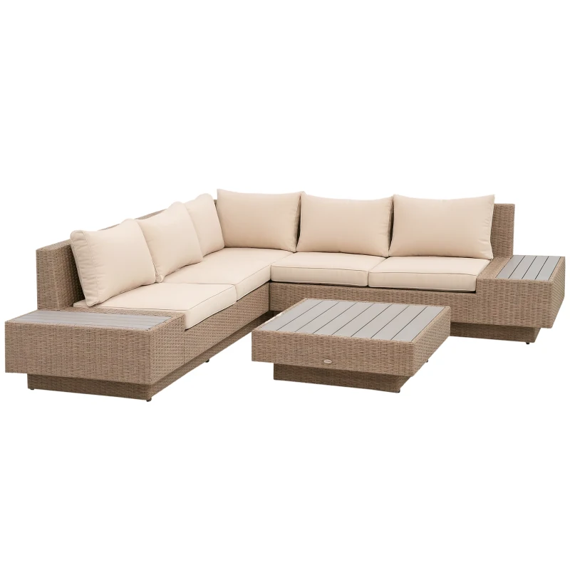 Outsunny 4 Pieces Rattan Garden Furniture Set, Garden Corner Sofa with Side Trays, Wicker Conservatory Furniture Set with Loveseats, Slatted Plastic Top Coffee Table and Cushions, Beige