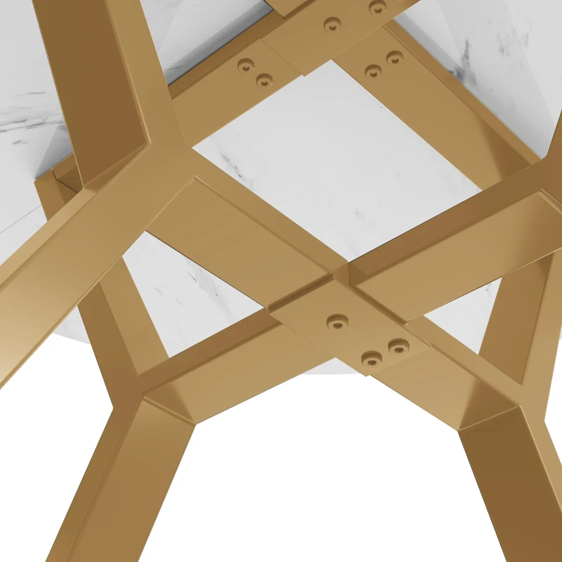 Round Dining Table with X-Shaped Metal Bracket, Marble Texture, Coffee Table for Various Interior Styles, 100L x 100W x 75H cm, Gold+White