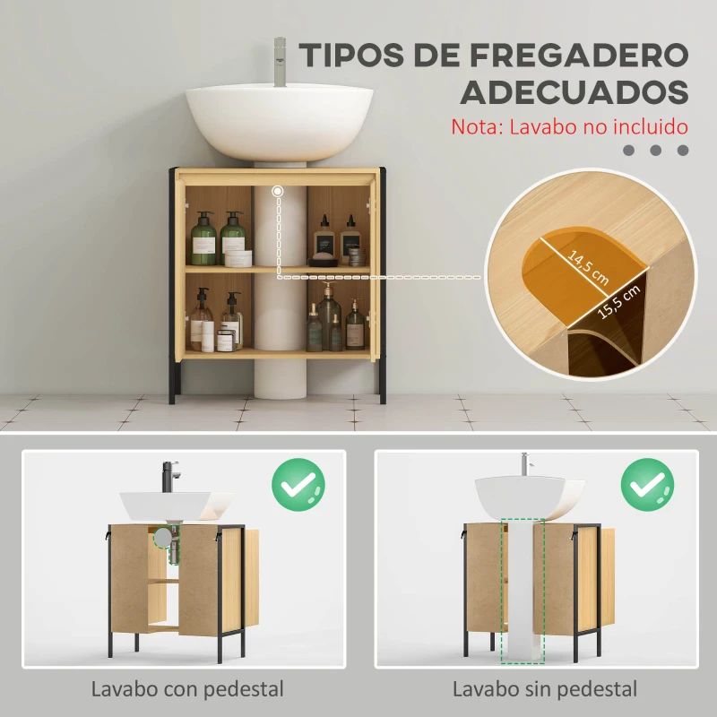 kleankin Mueble para Debajo del Lavabo Armario de Suelo para Baño de Madera con 2 Puertas y Estante 60x30x65,2 cm Roble