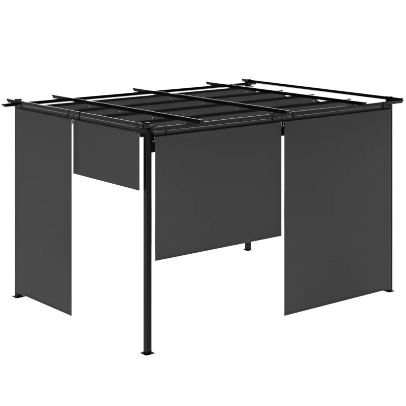 Outsunny Pérgola de Jardín Cenador para Exterior con Techo Retráctil y 4 Cortinas Enrollables 4x3 m Gris Oscuro