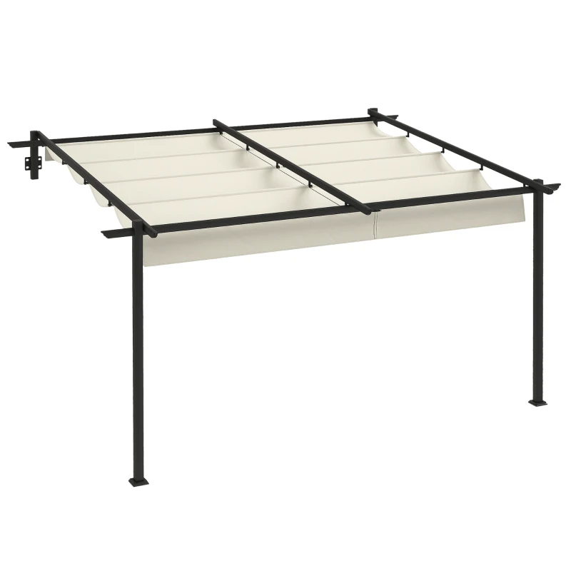 Outsunny Pérgola de Parede 4x3 m Pérgola de Jardim com Teto Retrátil de Poliéster e Estrutura de Aço Creme e Cinza Escuro