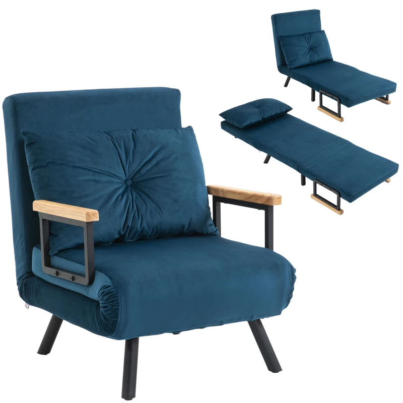 HOMCOM Fauteuil convertible 3 en 1 lit 1 place dossier 5 positions, accoudoirs en bois et coussin, tissu effet velours, bleu