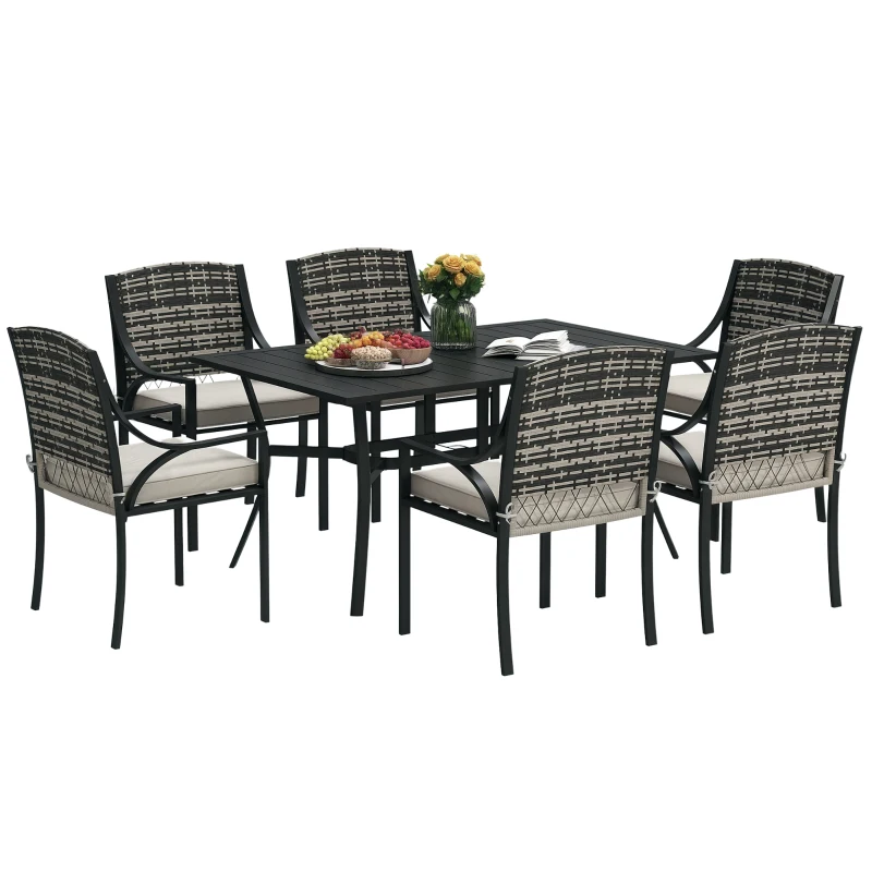 Outsunny Rattan Garden Furniture Set with Cushions, 6 Seater Rattan Dining Set with 6 Armchairs, 150 x 96cm Rectangular Table, Umbrella Hole, for Outdoor, Patio, Balcony, Terrace, Conservatory