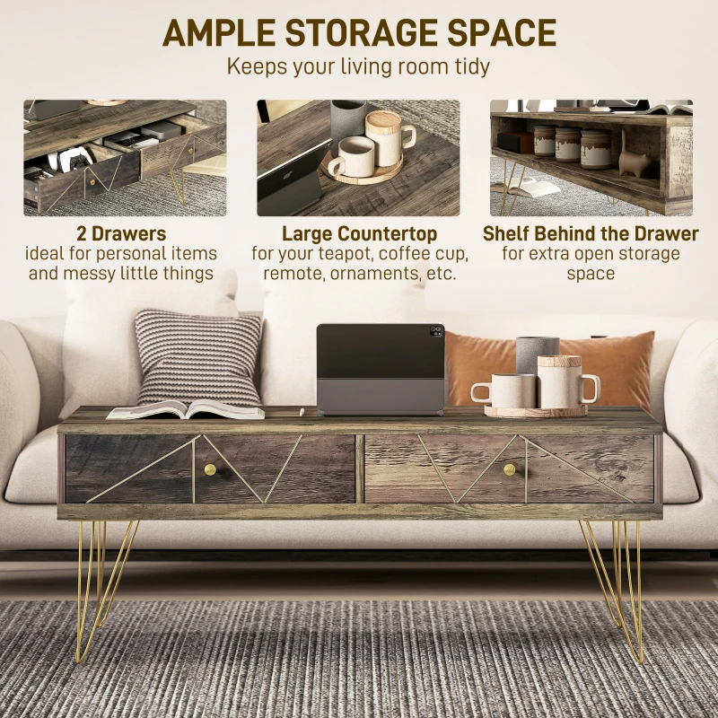 HOMCOM Tavolino da Caffè per Soggiorno con 2 Cassetti e Design Moderno in Legno e Metallo Verniciato in Oro 110x59x42cm