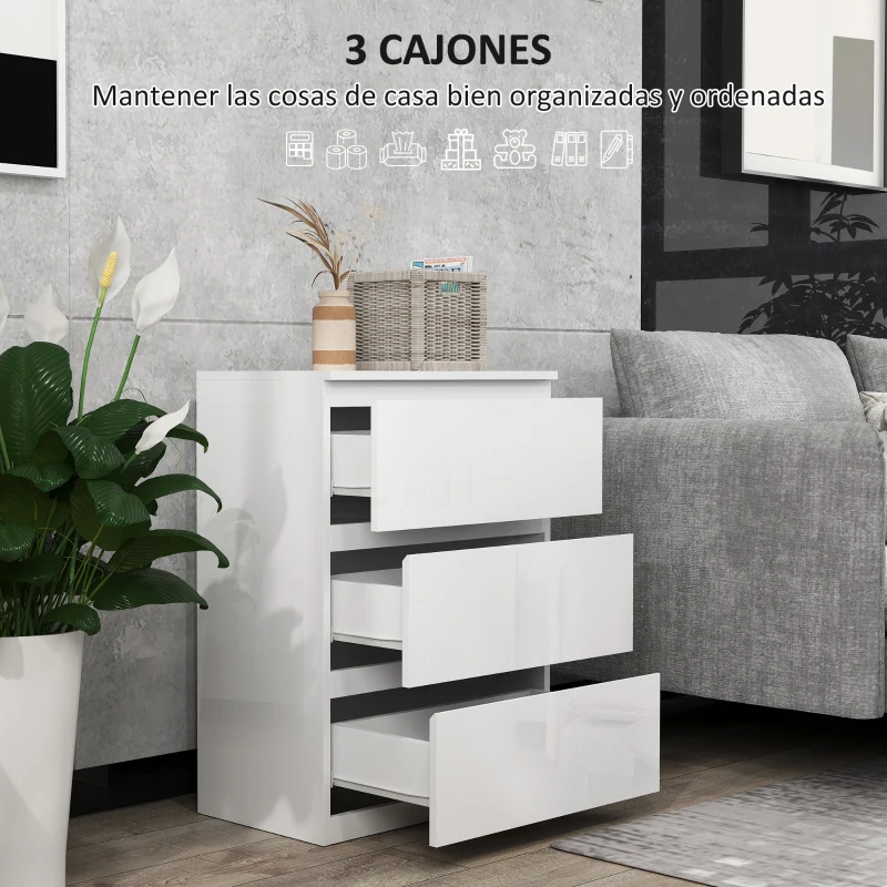 HOMCOM Cómoda con 3 Cajones Cómoda de Dormitorio Moderno con Diseño Anti-vuelco 55x34x75 cm Blanco Brillo