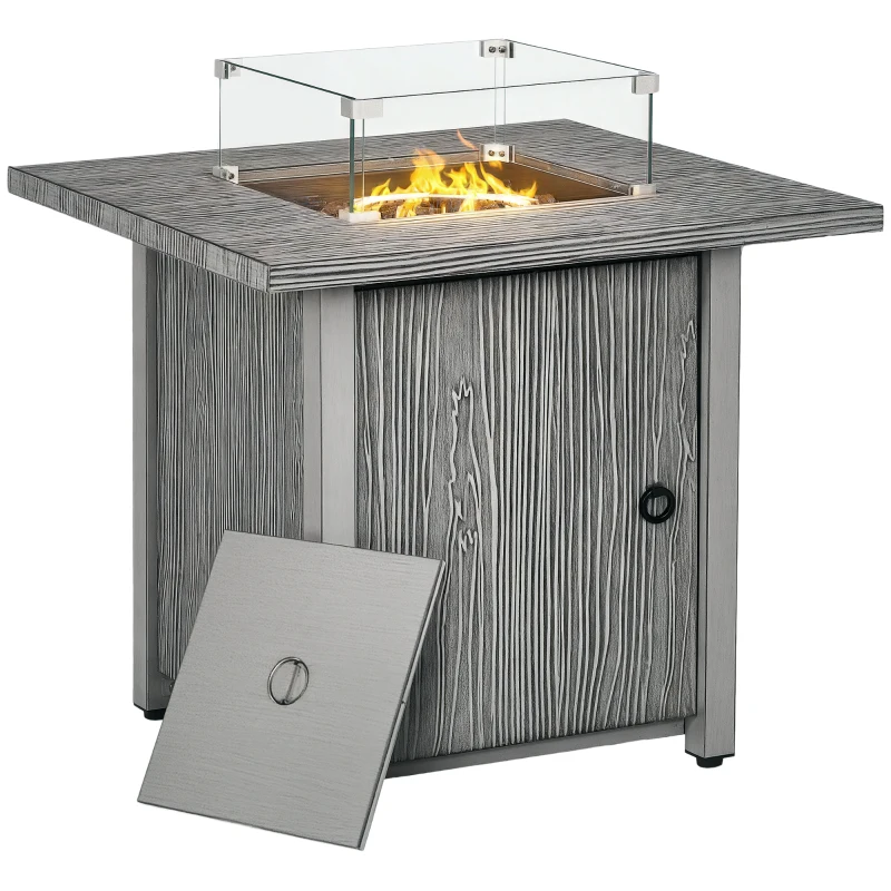 Outsunny 71cm 50,000 BTU Gas Fire Pit Table with Cover and Glass Screen - Grey