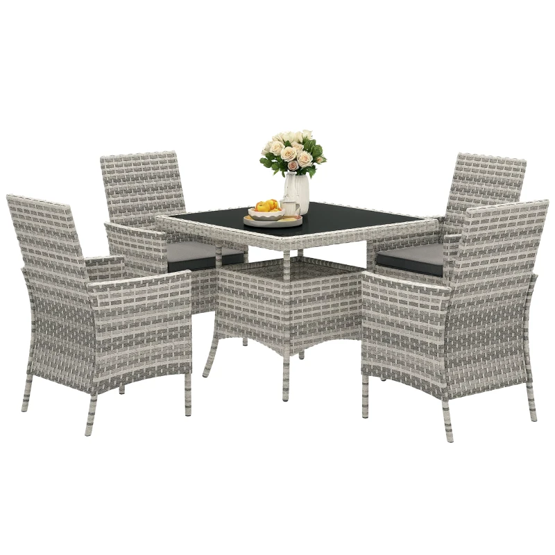 Outsunny Rattan Garden Furniture Set, Outdoor Dining Table and Chairs 4 Seater with Cushions, Square Tempered Glass Top, 4 Armchairs, for Balcony, Terrace, Conservatory, Mixed-Grey