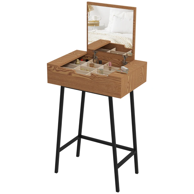 HOMCOM Vanity Desk with Flip-Up Mirror, Industrial Dressing Table with 16 Small Compartments for Bedroom, Natural Wood Effect