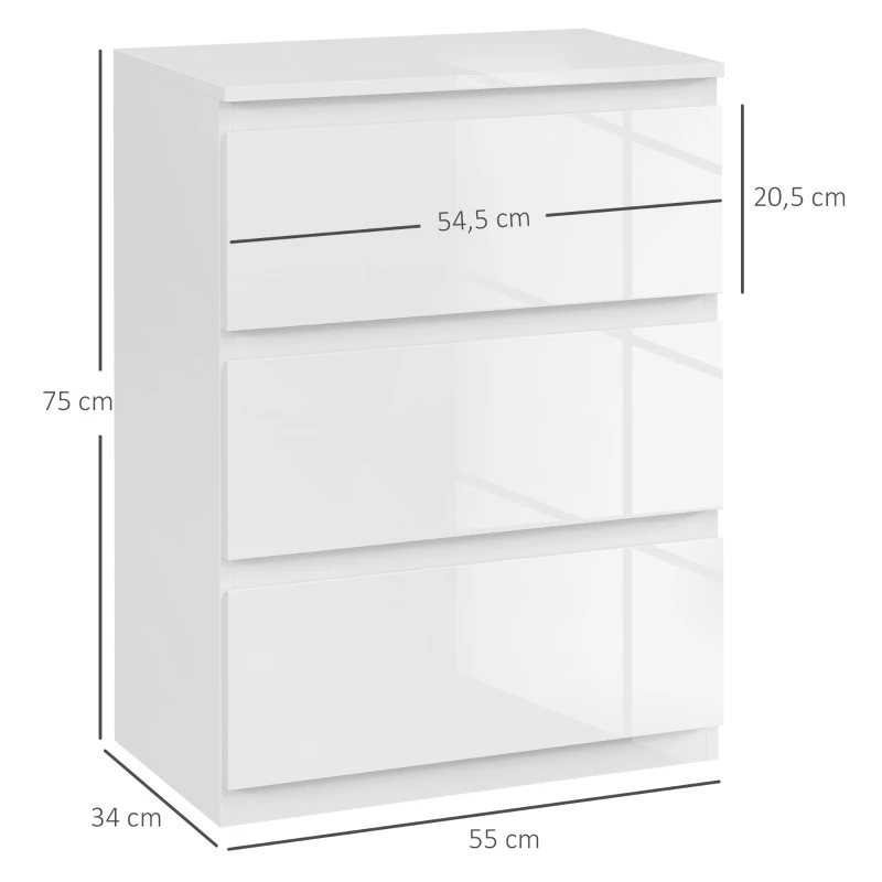 HOMCOM Cómoda com 3 Gavetas de Madeira Cómoda de Dormitório Cómoda Branca Estilo Moderno 55x34x75 cm Branco Brilhante