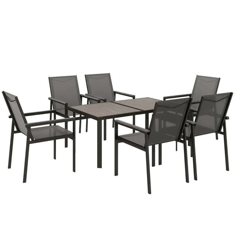 Outsunny Seven-Piece Metal Dining Set, with Glass-Top Table - Grey