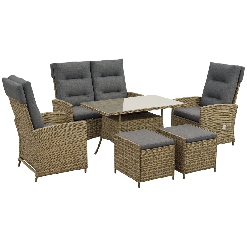 Outsunny Six-Piece Rattan Garden Set, with Reclining Chairs - Grey