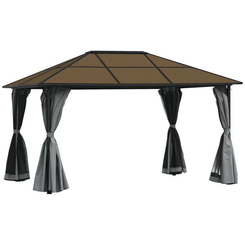 Outsunny 3 x 4m Hardtop Gazebo Canopy with Polycarbonate Roof, Aluminium Frame, Permanent Pavilion Garden Gazebo with Netting and Curtains - Grey