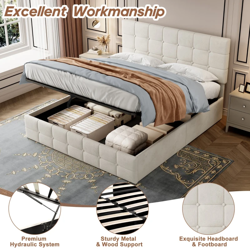 Velvet Double Bed with Hydraulic Storage, Adjustable Button Tufted Headboard, Upholstered Storage Bed Frame, 195L x 145W x 116H cm, Beige