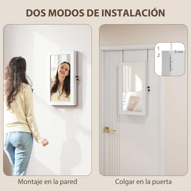 HOMCOM Espejo Joyero de Pared con Cerradura y Varios Compartimentos Montar en Pared o Puerta Blanco y Forro Crema