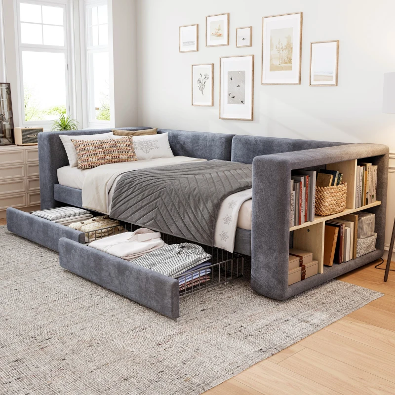 3FT Upholstered Single Bed with 2 Drawers, Side Compartments, Easy Assembly, Daybed Sofa Bed with Storage, 223.5L x 101W x 74.5H cm, Grey