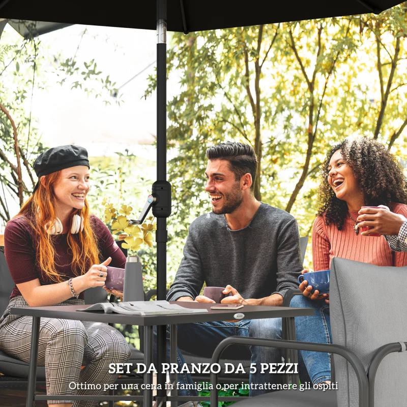 Outsunny Set da Giardino 5 Pezzi in Acciaio con 4 Sedie 58x58x66 cm e Tavolo 80x80x71 cm con Foro Centrale, Grigio