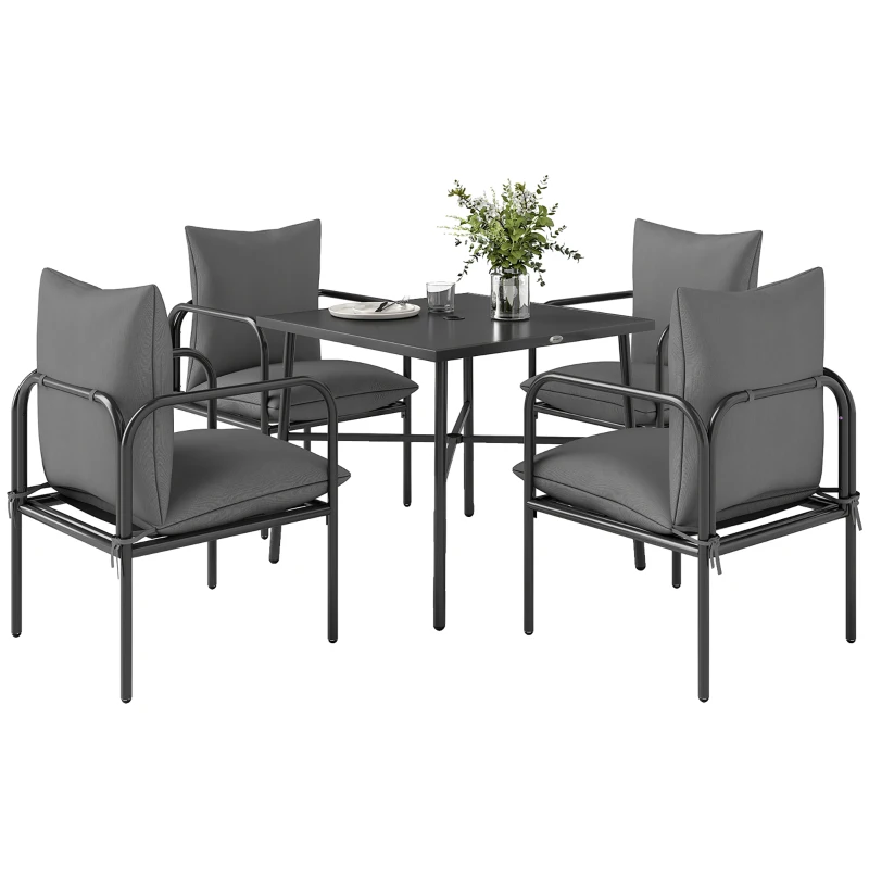 Outsunny Set da Giardino 5 Pezzi in Acciaio con 4 Sedie 58x58x66 cm e Tavolo 80x80x71 cm con Foro Centrale, Grigio