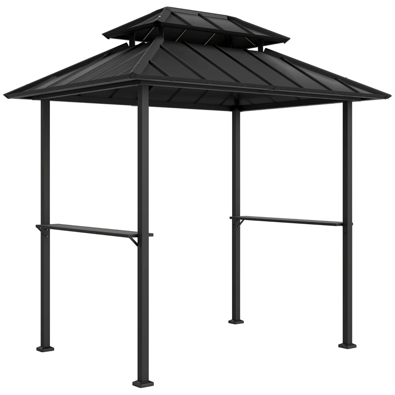 Outsunny Tonnelle de barbecue abri barbecue à double-toit rigide avec 2 étagères et crochet supérieur, 244x184x258cm, noir