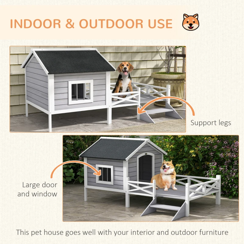 PawHut Small/Medium Dog House with Porch, Grey