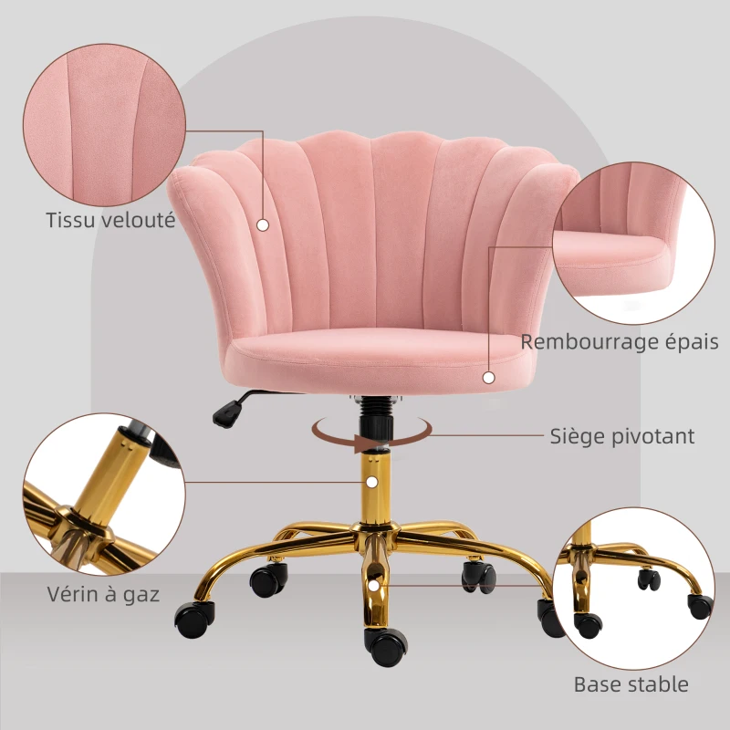 HOMCOM Chaise bureau en velours, chaise coiffeuse avec dossier en pétale, hauteur réglable, 69 x 64 x 80-90 cm, rose