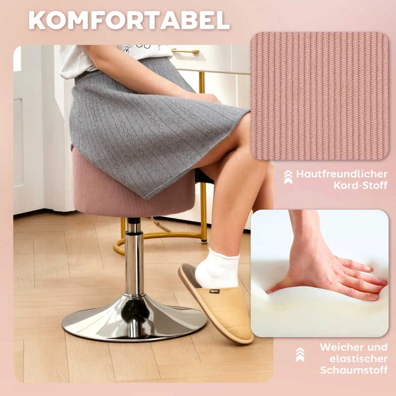 HOMCOM Barhocker, Gepolstert Barstuhl mit Metallgestell, Cordoptik, Höhenverstellbar 360° Drehbar Rosa