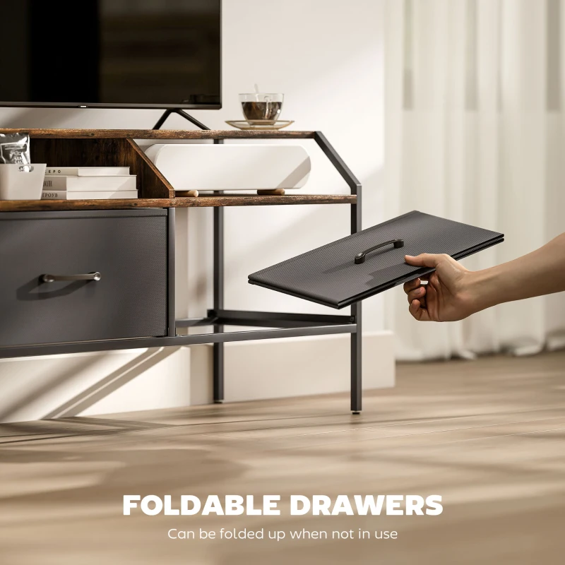 HOMCOM TV Stand Cabinet, TV Unit for 55-inch TVs with 2 Foldable Fabric Drawers, 5 Divided Side Pockets, Open Shelves, Console Table for Living Room, Bedroom, Entertainment Room, Rustic Brown