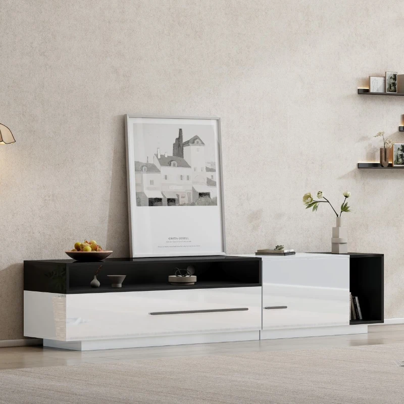 TV Unit with Storage, Waterproof and Scratch- resistant Surface, Up 70in TV Size - White+Black