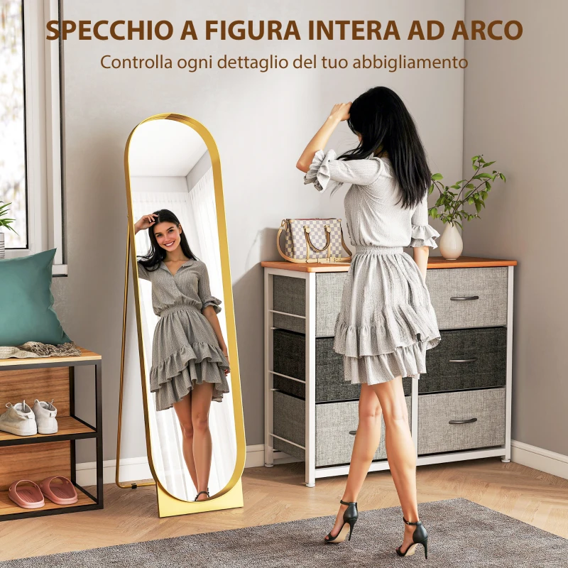 HOMCOM Specchio da Terra Moderno con Telaio in Metallo Autoportante o da Parete, 40x150 cm, Oro