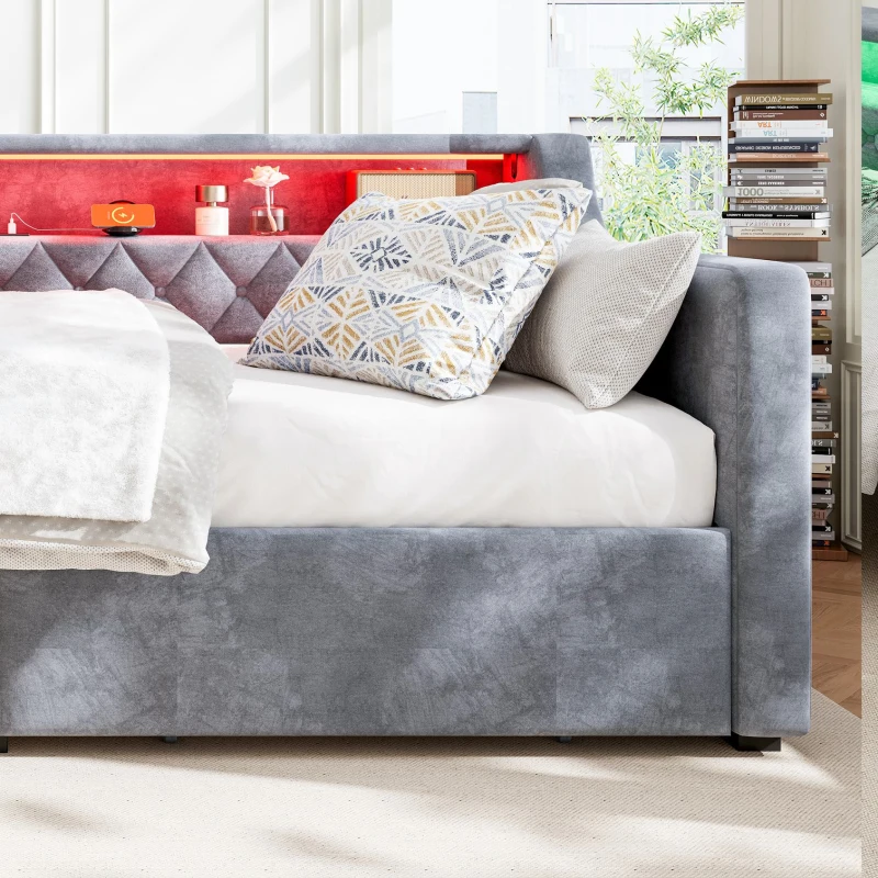 3FT Sofa Bed with 2 Drawers on Wheels, Light Strip, Charging Port, Upholstered Single Bed with Velvet Finish, 206L x 104W x 74H cm, Grey
