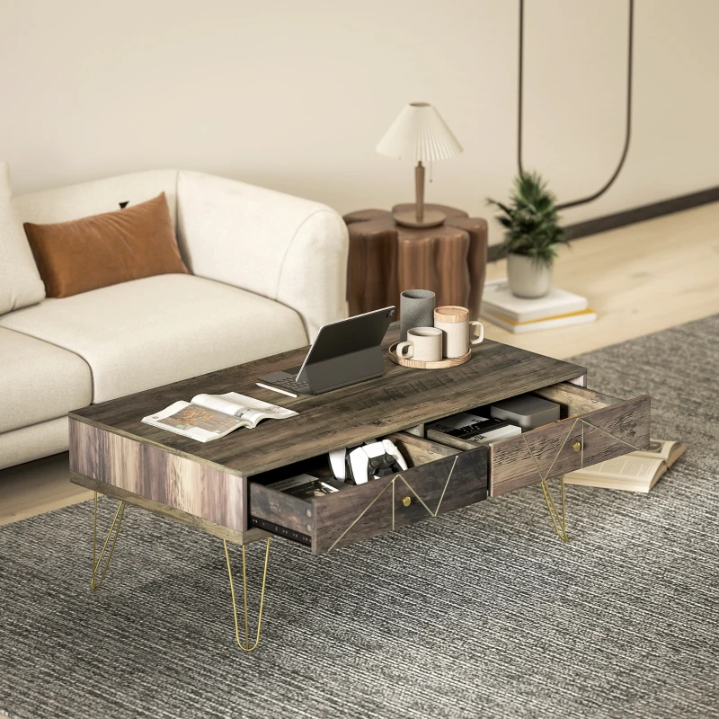 HOMCOM Tavolino da Caffè per Soggiorno con 2 Cassetti e Design Moderno in Legno e Metallo Verniciato in Oro 110x59x42cm