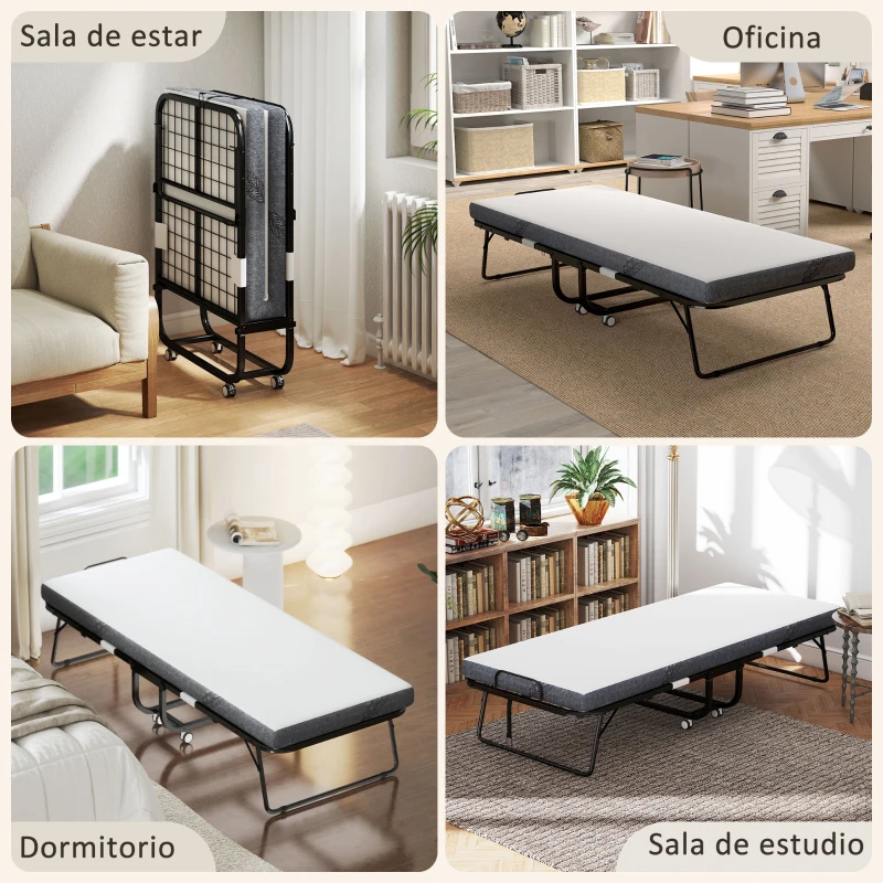 HOMCOM Cama Plegable 200x90 cm con 4 Ruedas, Cama de Camping Portátil, con Colchón Individual de 10 cm, Marco de Acero, Carga 150 kg, para Dormitorio, Salón, Oficina, Blanco