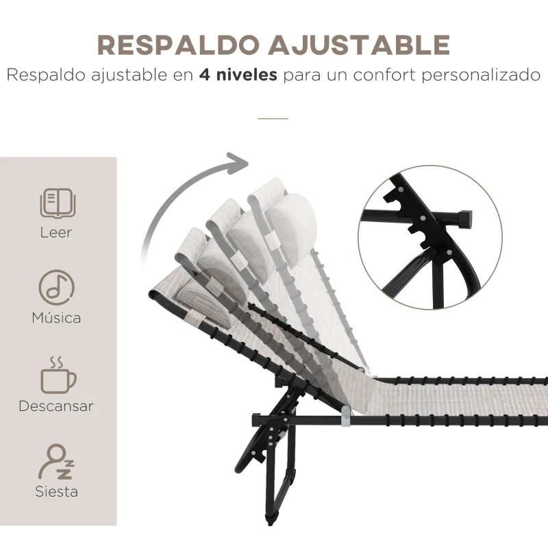 Outsunny Tumbona Plegable y Ajustable de 4 Posiciones Silla Reclinable de Jardín con Sistema de Cordones para Exterior Marco Acero 189x58x30 cm Crema