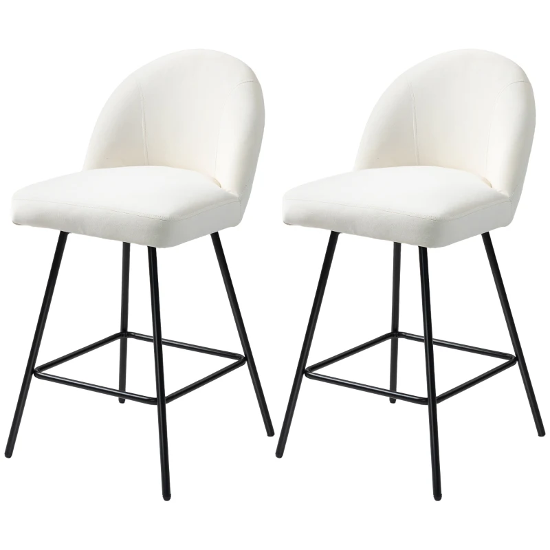 HOMCOM Set 2 Scaune de Bar cu Spatar din Catifea si Suport pentru Picioare, 48.5x56x92 cm, Alb Crem
