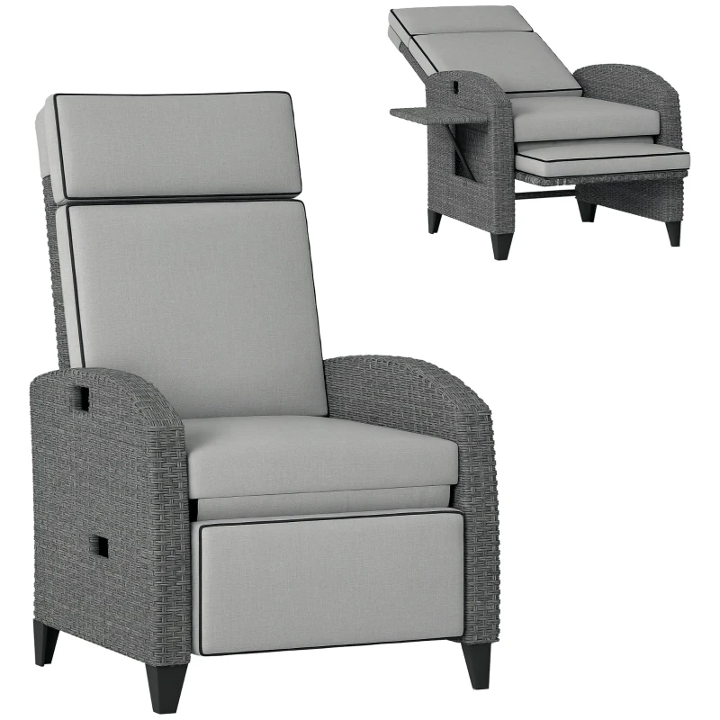 Outsunny Outdoor Recliner Chair with Adjustable Backrest and Footrest, Cushion, Side Tray, Light Grey/Grey