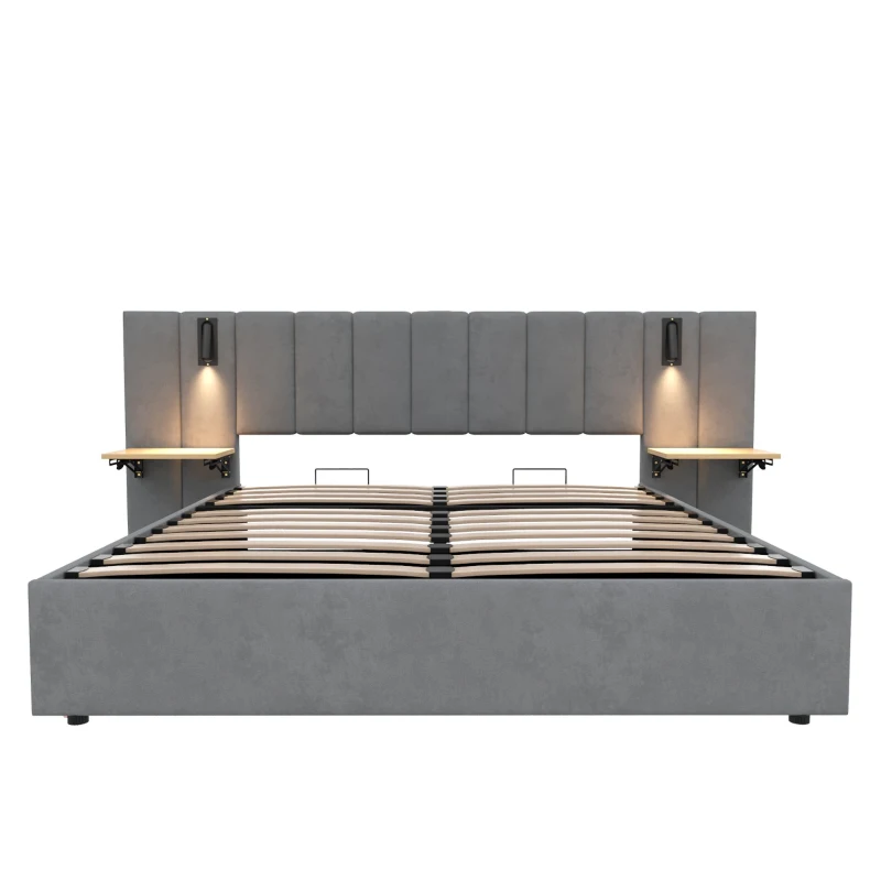 King Upholstered Bed with Charging Station, Adjustable Bedside Shelf, Velvet Hydraulic Storage Bed with Reading Light, 237L x 207W x 109H cm, Grey