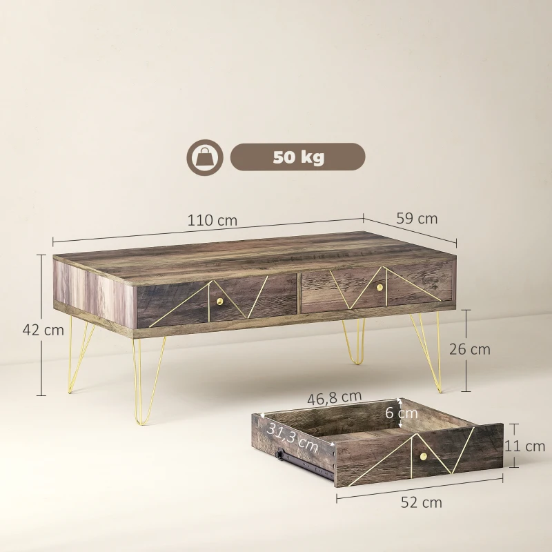 HOMCOM Table Basse en Bois Table de Salon Grand Plateau et 2 Tiroirs Design de Luxe Élégant Décoration avec Lignes Dorées Peintes à La Main 110L x 59l x 42H cm Brun