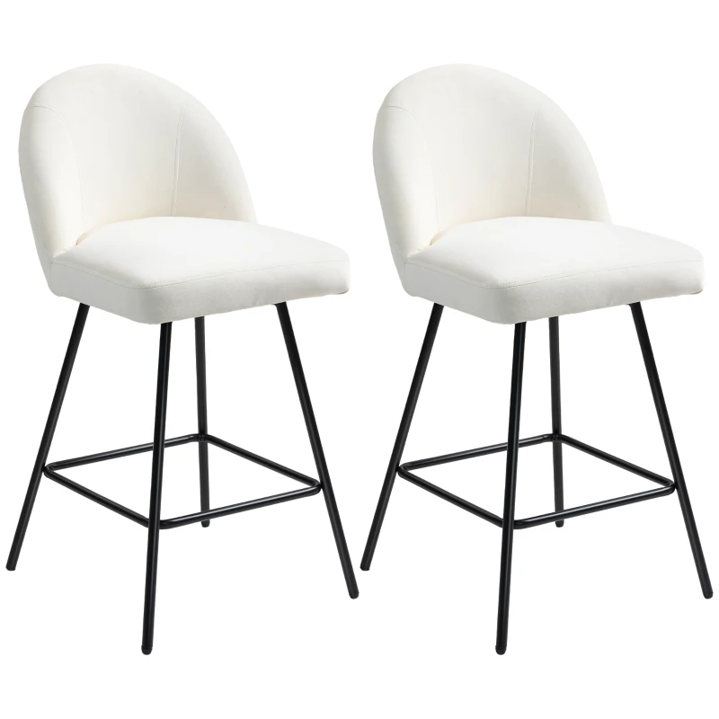 HOMCOM Set 2 Scaune de Bar cu Spatar din Catifea si Suport pentru Picioare, 48.5x56x92 cm, Alb Crem