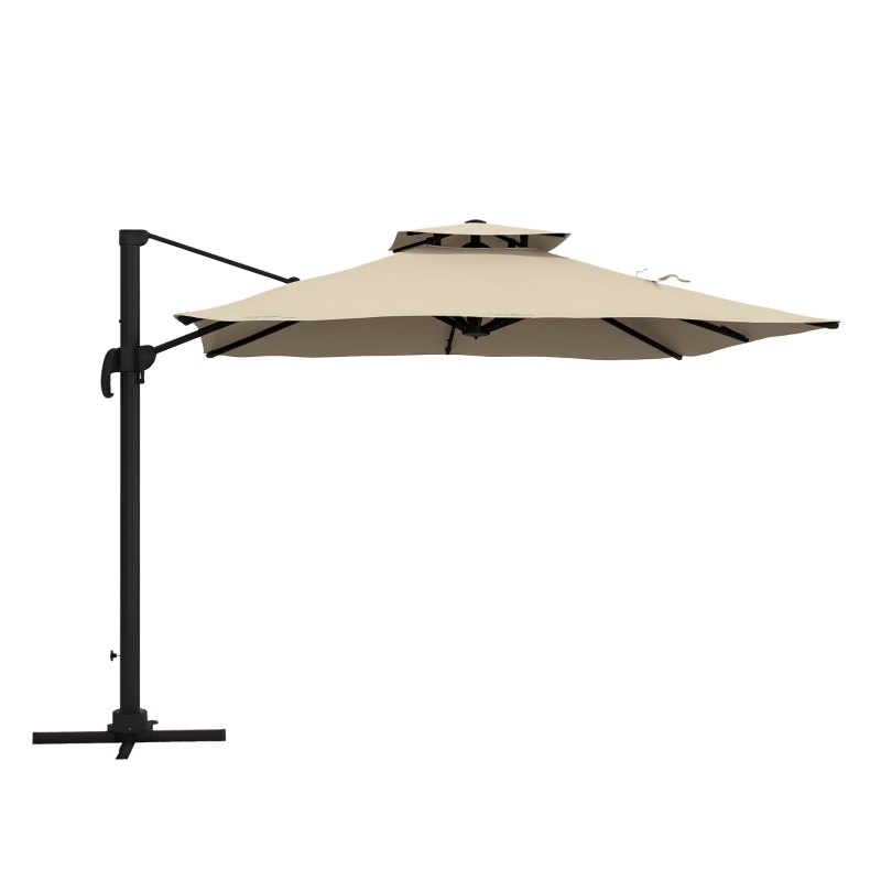 Outsunny Chapéu de Sol de Alumínio Chapéu de Sol Excêntrico com Manivela Teto Duplo Inclinável Mastro Giratório 360° Ø295x270 cm Cáqui