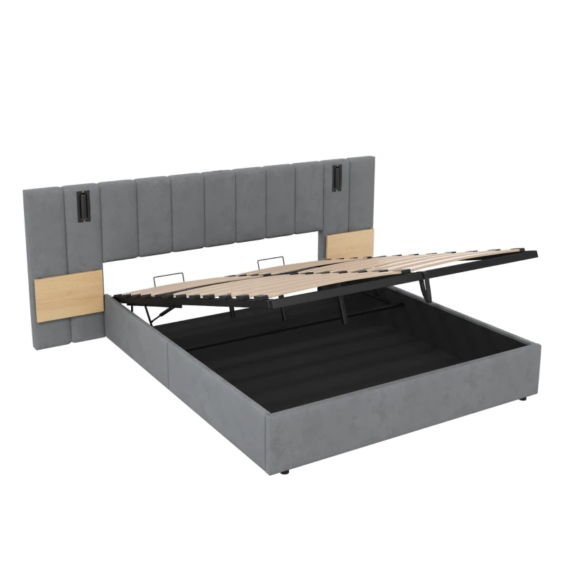 King Upholstered Bed with Charging Station, Adjustable Bedside Shelf, Velvet Hydraulic Storage Bed with Reading Light, 237L x 207W x 109H cm, Grey