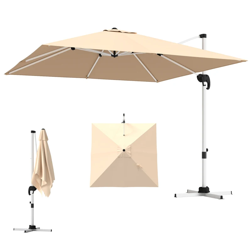 Outsunny Umbrelă Suspendată Înclinabilă cu Manivelă și Bază în Cruce, UPF50+, Kaki