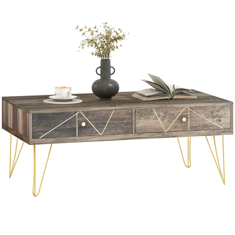 HOMCOM Tavolino da Caffè per Soggiorno con 2 Cassetti e Design Moderno in Legno e Metallo Verniciato in Oro 110x59x42cm