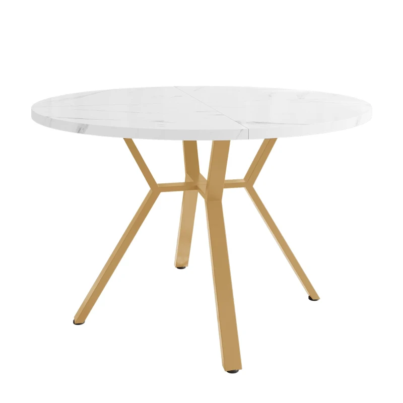 Round Dining Table with X-Shaped Metal Bracket, Marble Texture, Coffee Table for Various Interior Styles, 100L x 100W x 75H cm, Gold+White