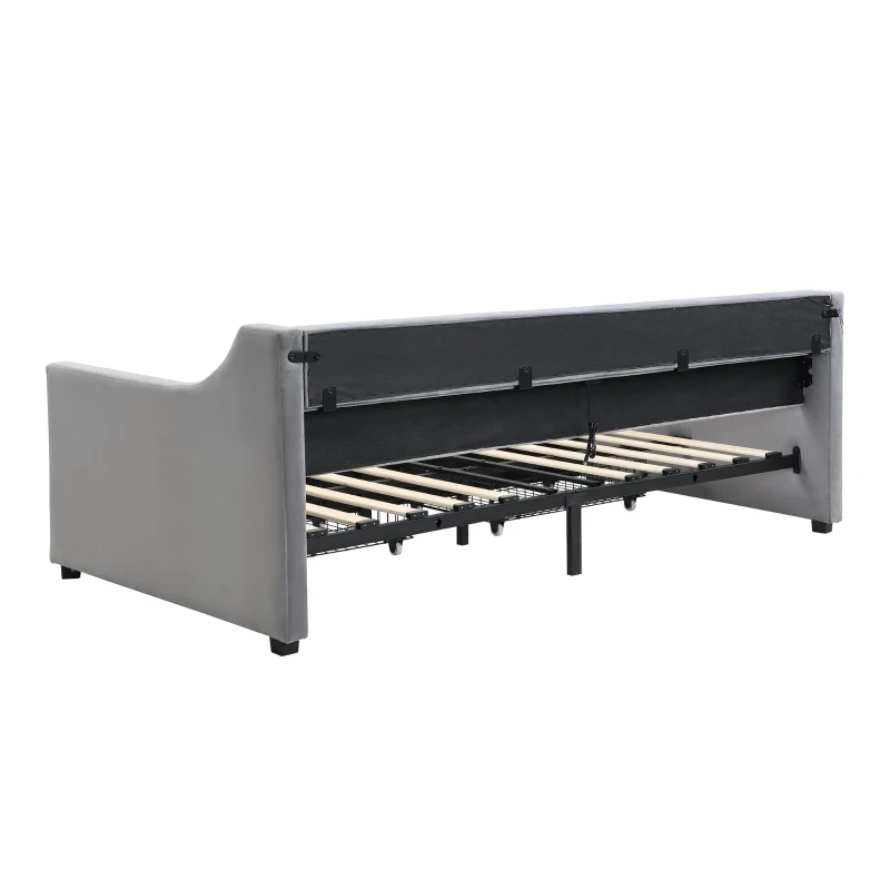 3FT Sofa Bed with 2 Drawers on Wheels, Light Strip, Charging Port, Upholstered Single Bed with Velvet Finish, 206L x 104W x 74H cm, Grey