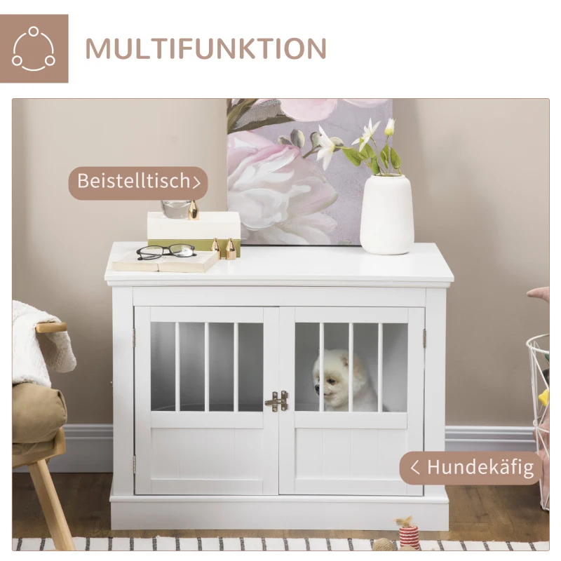 PawHut Hundekäfig, Möbel mit 3 Türen Hundehütte Hundebox für Zuhause 78 x 53 x 59,3 cm, Weiß(m-4)